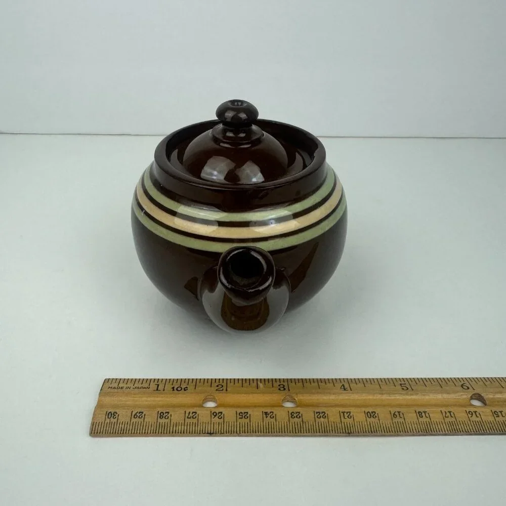 Vtg Single Serve Brown Genuine Old English Redware Teapot‎ w Green Tan Stripes